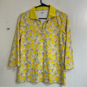 Lands’End Petites Spring Yellow Lemons 3/4 Sleeve Stretch Blouse Top Size Small